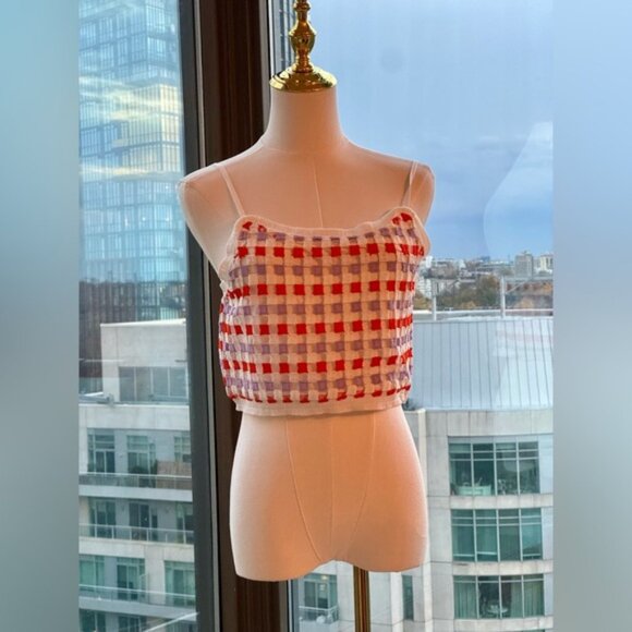 🆕 FARM Rio 🧿 NWOT Patchwork Checkerboard Crochet Crop Top - Sz M - Picture 3 of 13